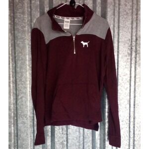 Pink Victoria's Secret 1/4 Zip Sweater Womens L Red Gray Spellout Y2K Vintage